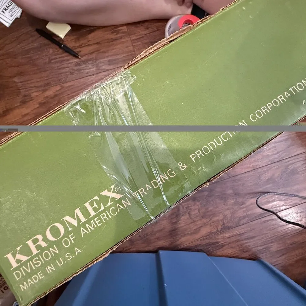 Vtg Kromex Sculptura Lazy Susan w Avocado Trim Chrome Lid Turntable in Box, A2